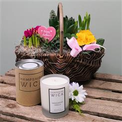 Vibrant Spring Planted Basket and Luxury Candle Set